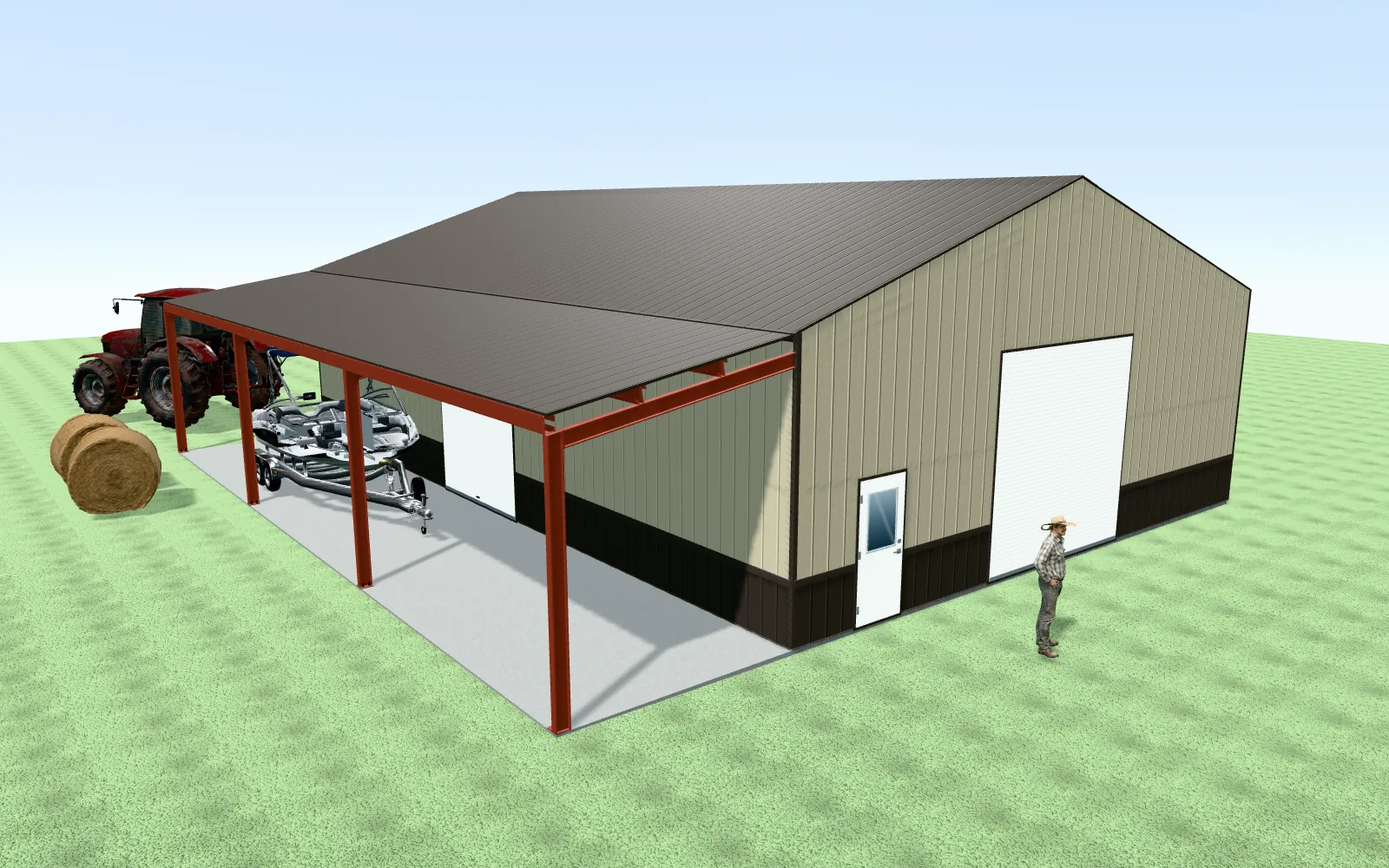 A metal building with a lean-to, roll-up doors and wainscot, drawn in the RafterSuite 3D designer