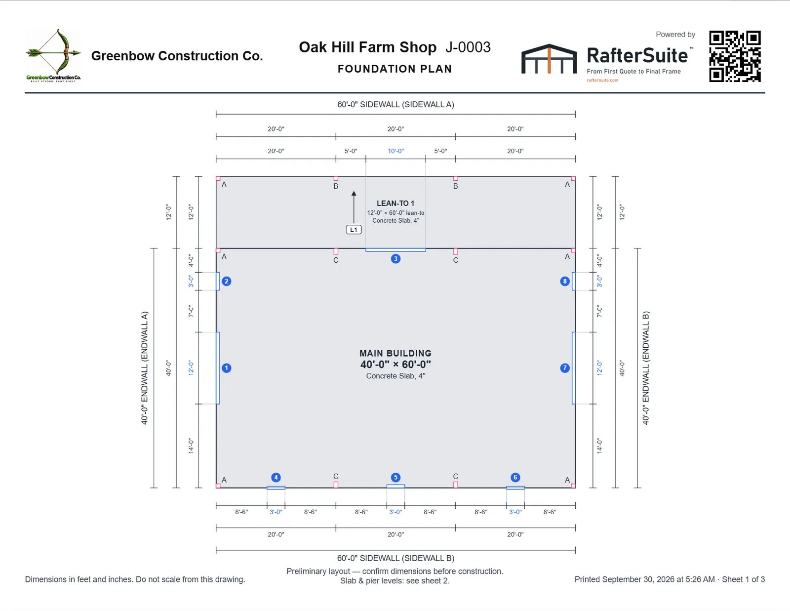 A printed foundation plan sheet, with the dealer's logo, the job name and number, lettered baseplates, dimensions and a QR code