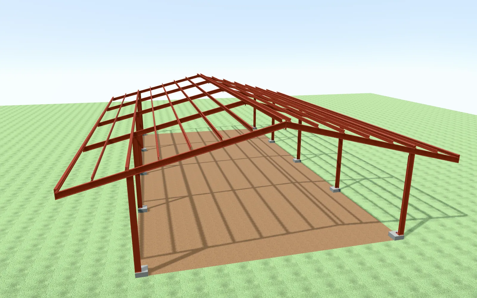 The steel frame of an Express Shelter, its rafters reaching past the columns