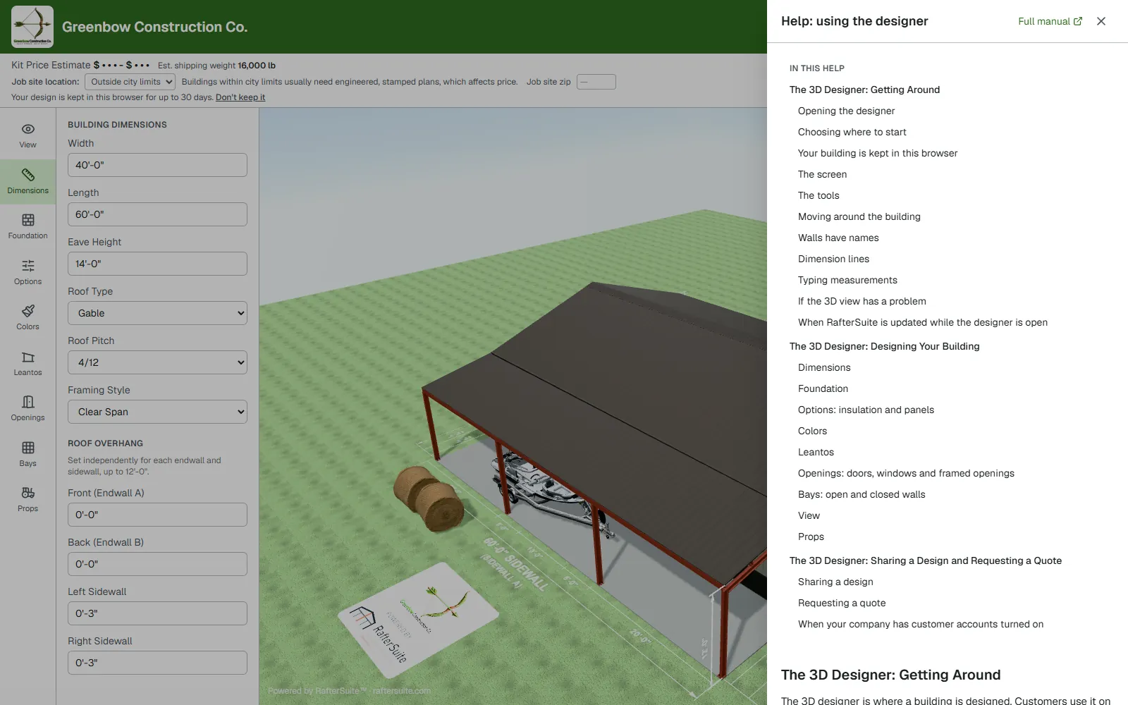 The user manual open beside a building in the designer
