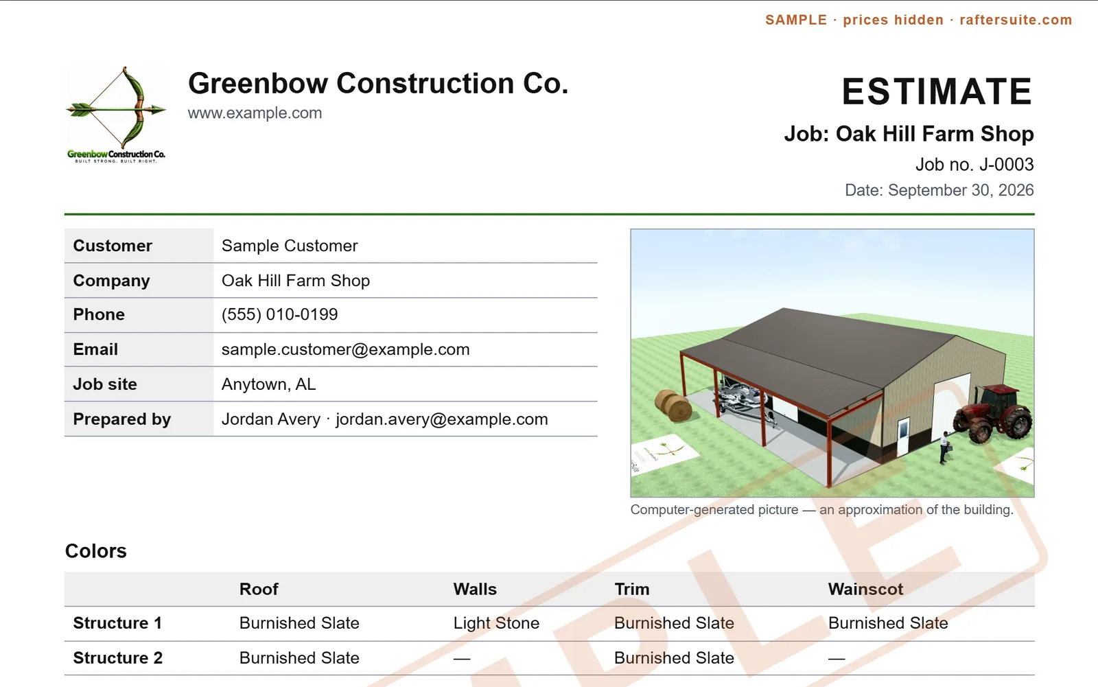 The top of a printed quote on the dealer's letterhead, with the customer and a picture of their building