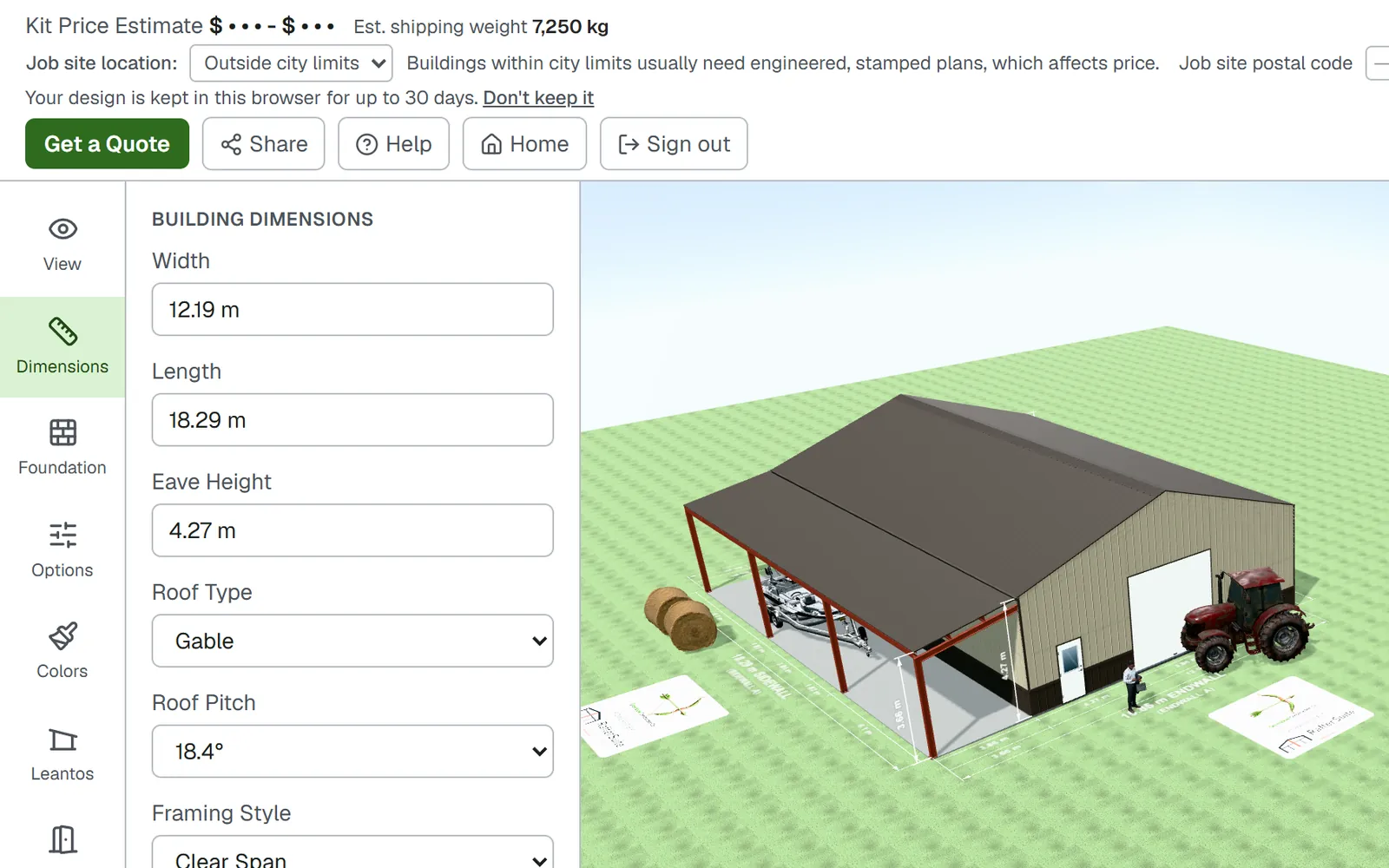 The RafterSuite designer showing dimensions in meters