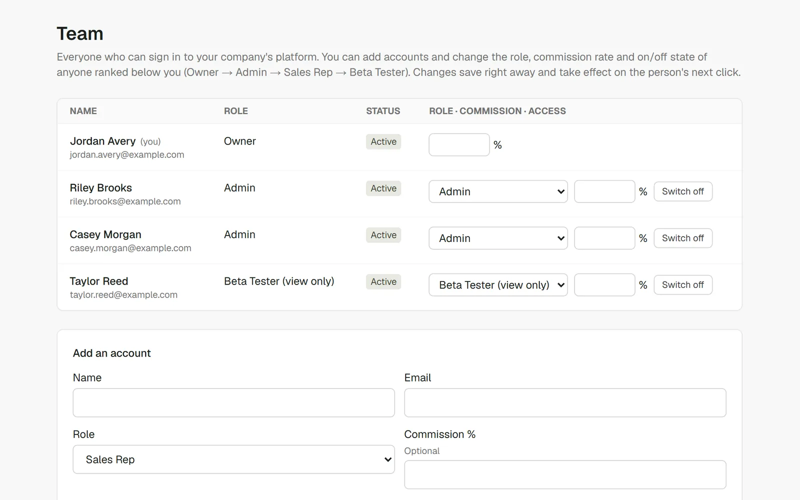 The Team page in the RafterSuite back office